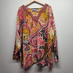 Liz & Me Tunic Top Women Plus 4X Red V-Neck Metallic Long Sleeve Bohemian Resort